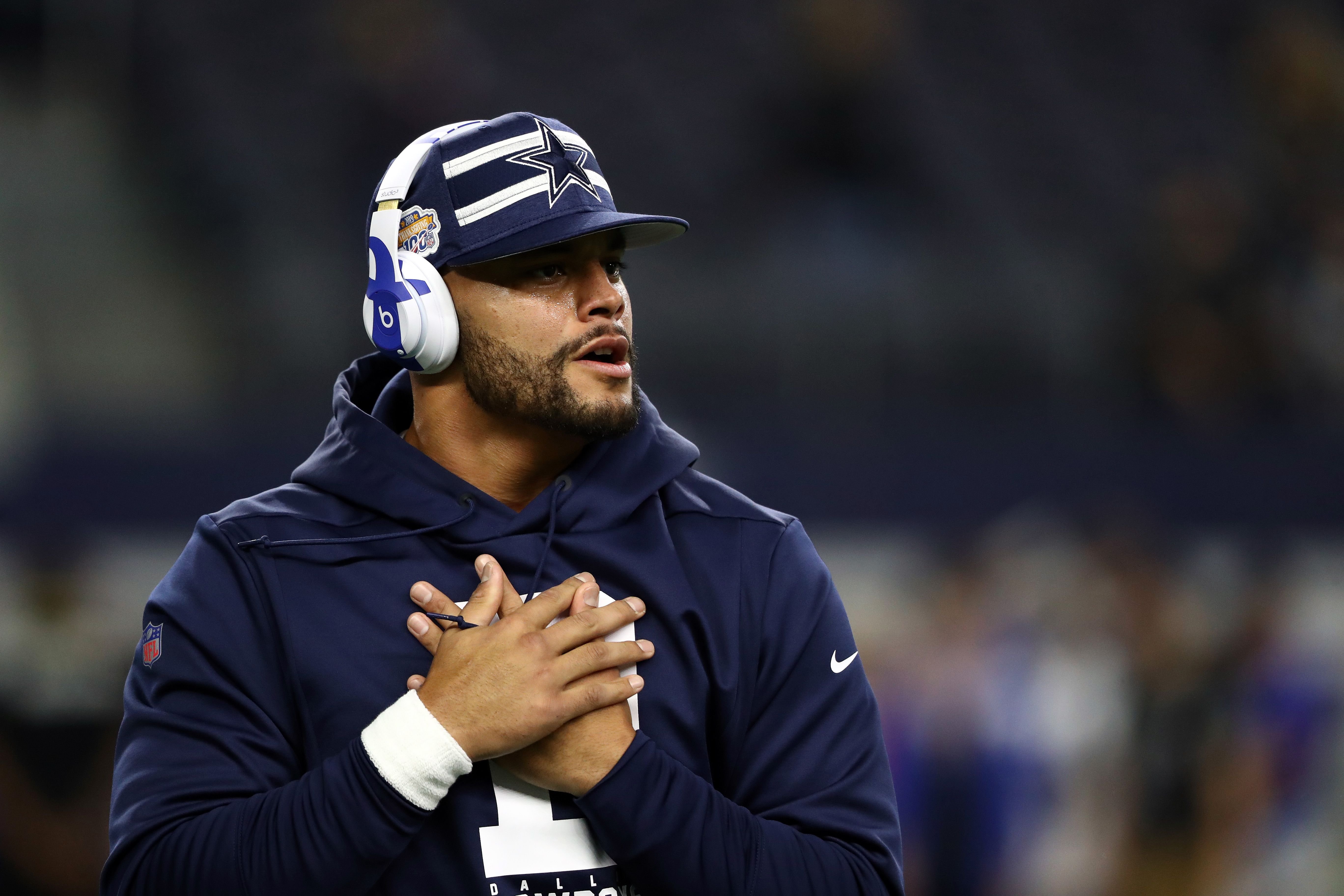 Dak Prescott #4 of the Dallas Cowboys warms up before a game against the Buffalo Bills at AT&T Stadium on November 28, 2019 in Arlington, Texas. | Source: Getty Images
