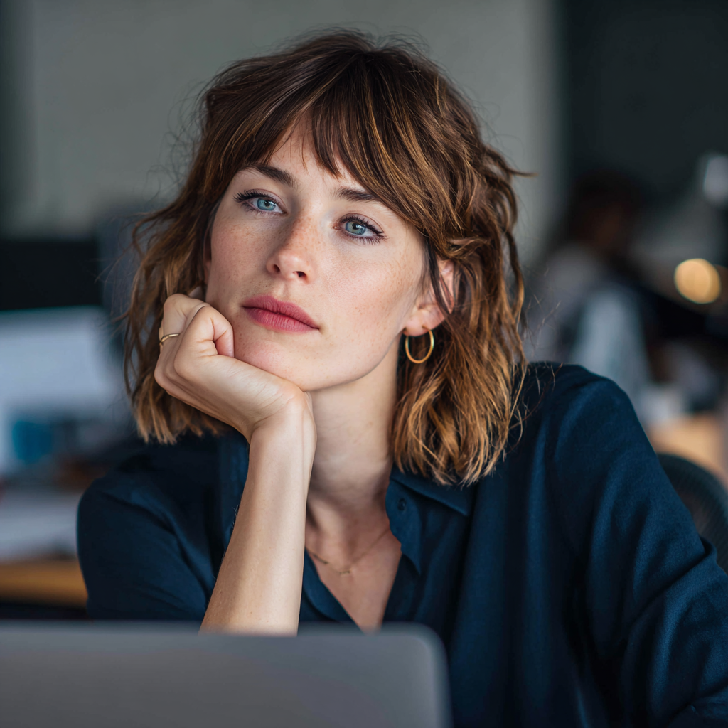 A woman sitting at her desk | Source: Midjourney