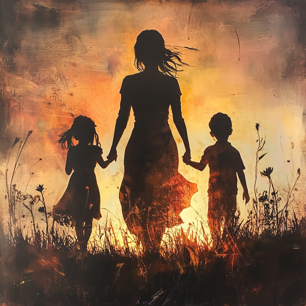 Silhouette of a woman with two little kids | Source: Midjourney