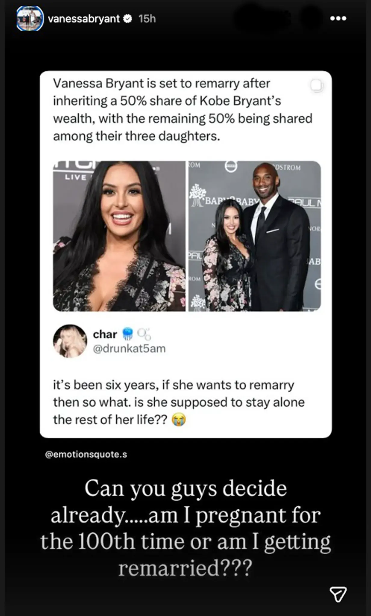 Vanessa Bryant shares a screenshot of conflicting online rumors about her personal life, responding to speculation about pregnancy and remarriage years after her husband's death. | Source: Instagram/vanessabryant