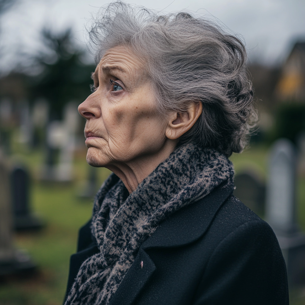 A heartbroken elderly woman looking up | Source: Midjourney