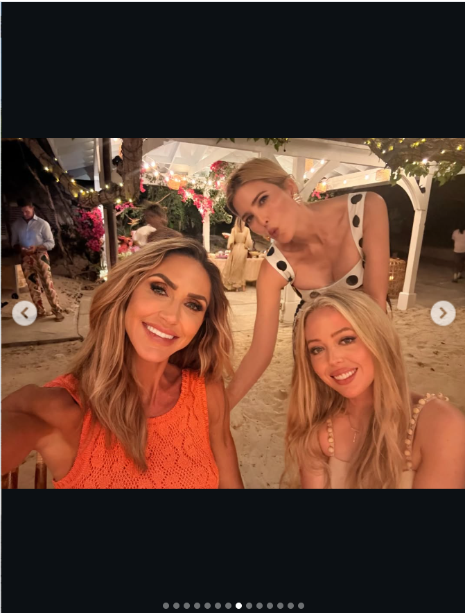 Ivanka Trump, Tiffany Trump, and another person pose together during Donald Trump Jr.’s wedding weekend celebration in the Bahamas. | Source: Instagram/ivankatrump