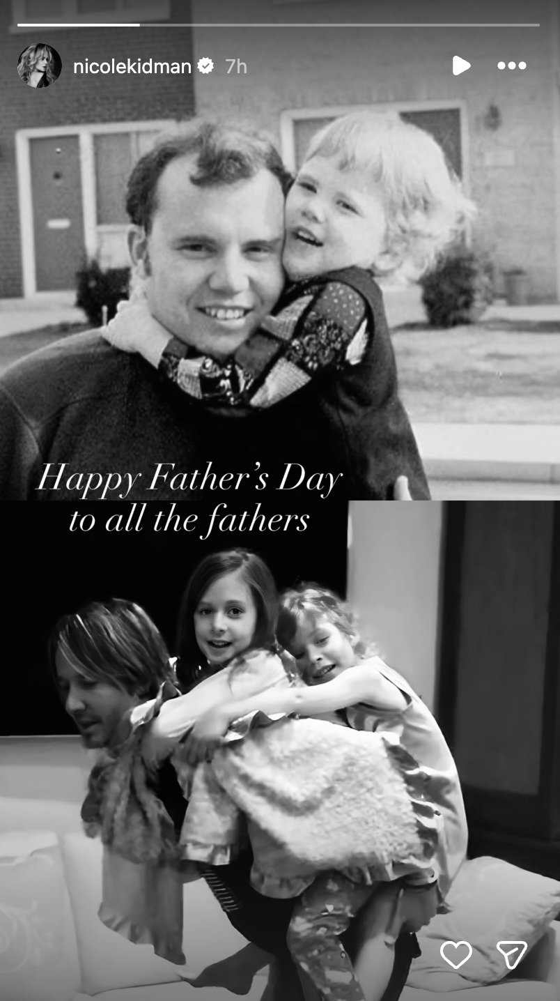 Kidman shared a simple Father's Day greeting alongside two family photos. One showed her with her father, Antony Kidman, while the other featured Keith Urban with their daughters.