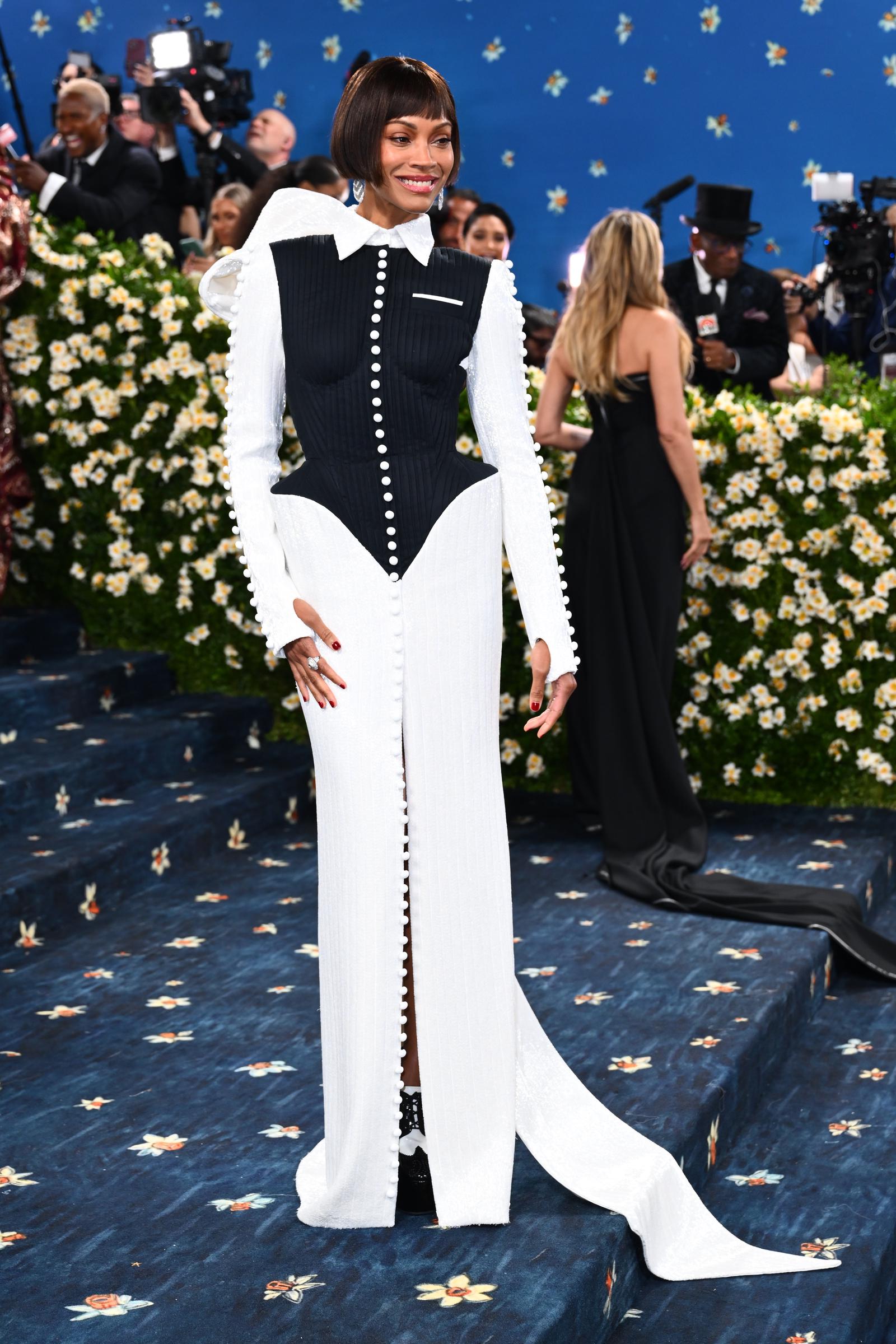 Zoe Saldaña attends the Met Gala Celebrating "Superfine: Tailoring Black Style," on May 5, 2025 | Source: Getty Images