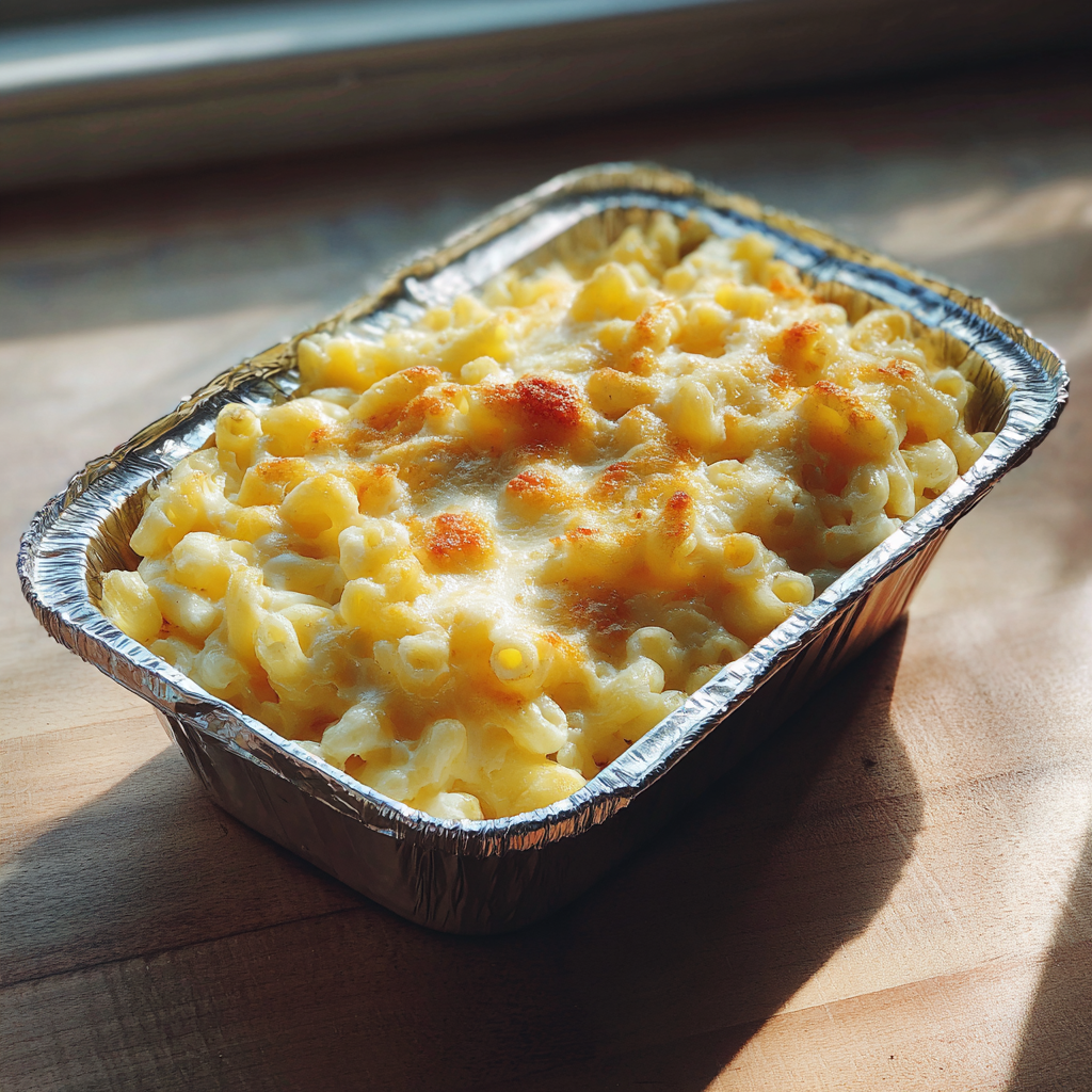 A silver container of mac and cheese | Source: Midjourney