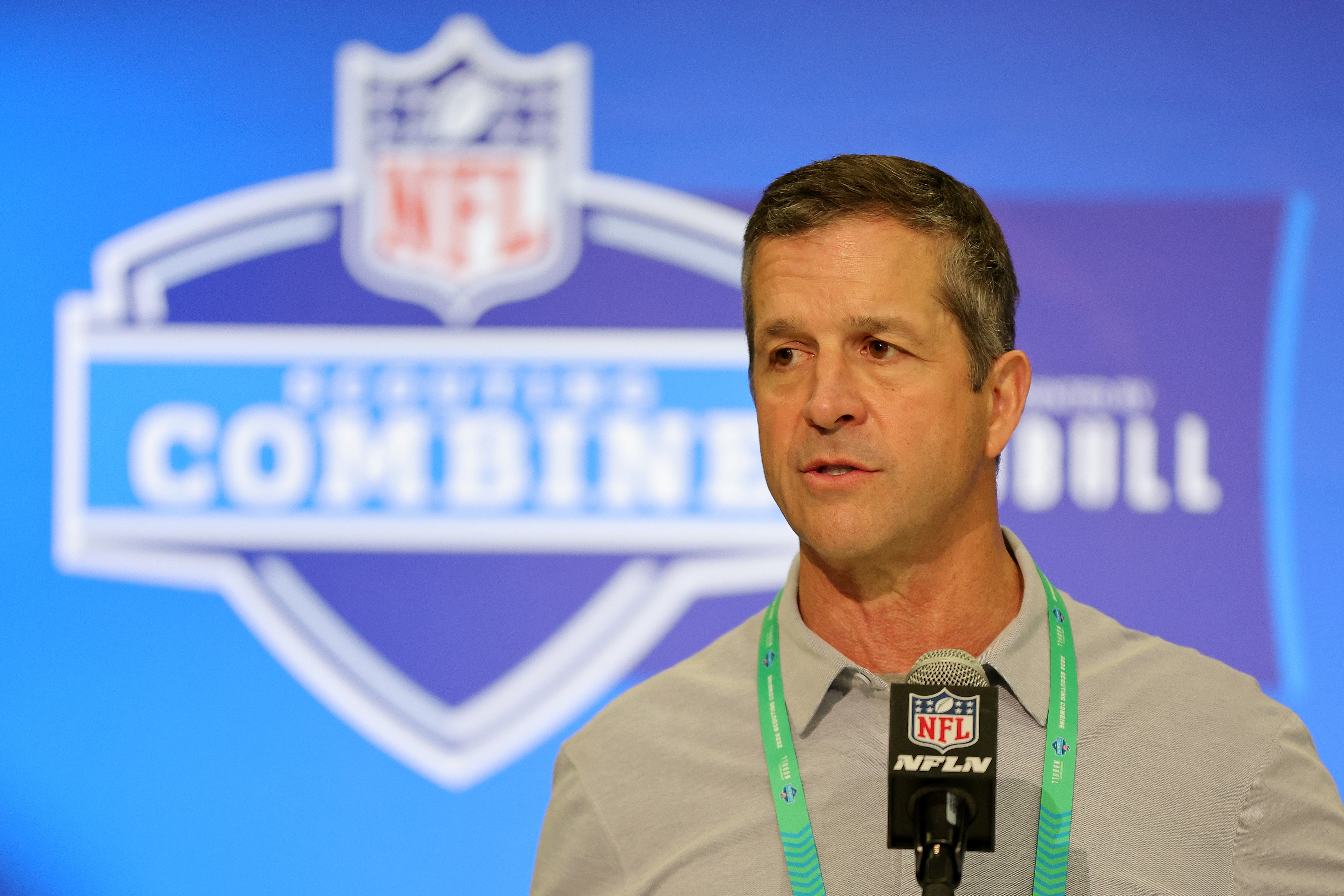 John Harbaugh speaks to the media during the NFL Combine at the Indiana Convention Center in Indianapolis, Indiana on February 27, 2024 | Source: Getty Images