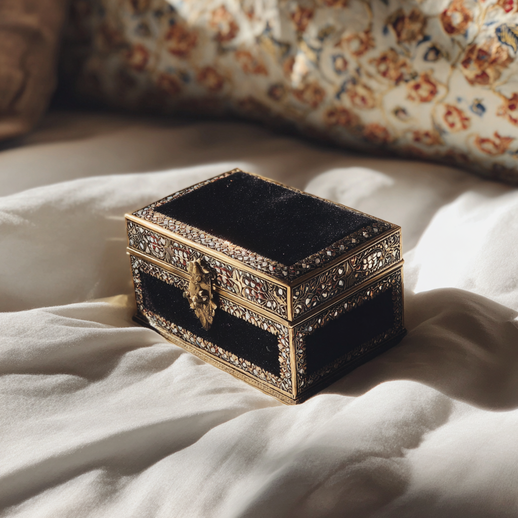 A velvet jewelry box on a bed | Source: Midjourney
