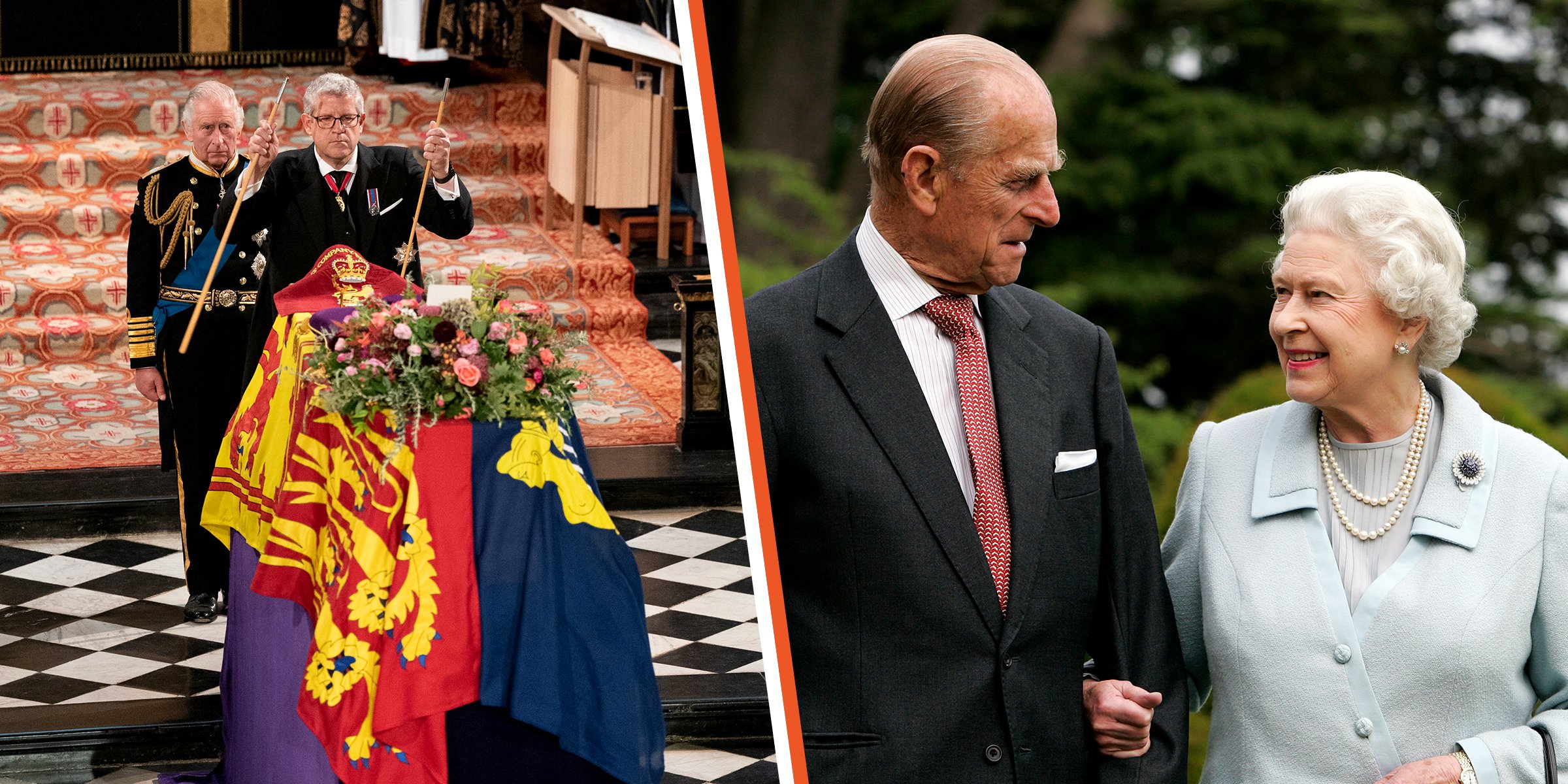 Queen Elizabeth II's Coffin, King Charles III and Lord Chamberlain | Prince Philip and Queen Elizabeth II | Source: Getty Images