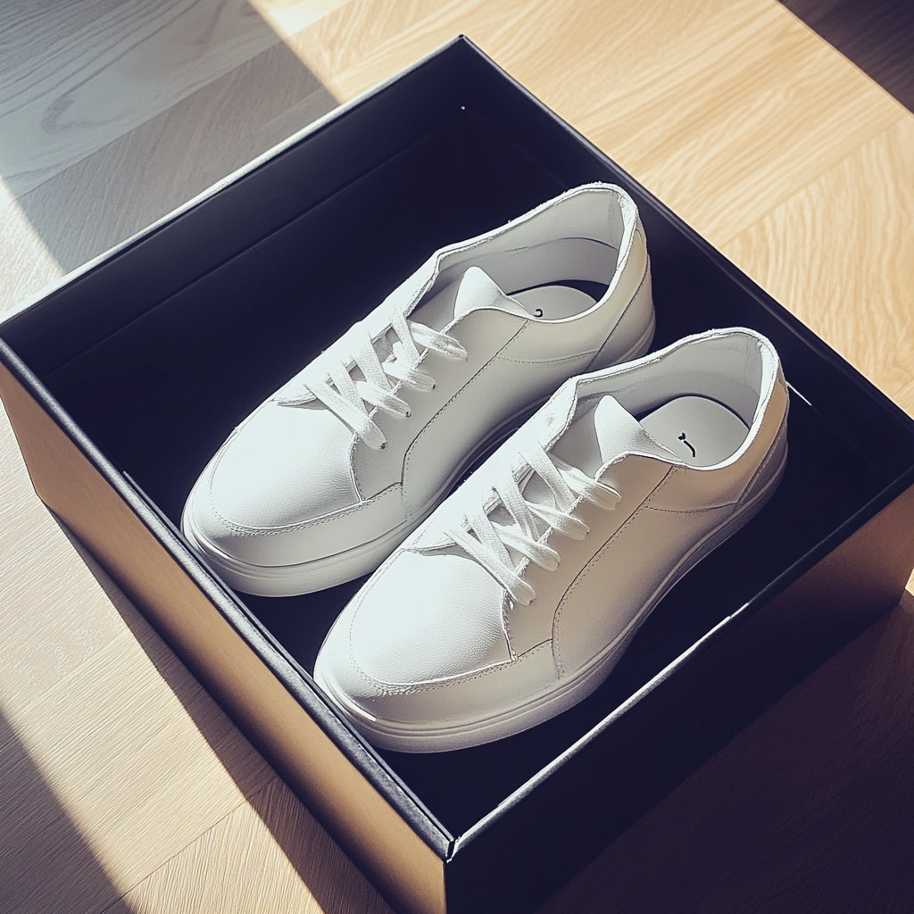 White sneakers in a box | Source: Midjourney