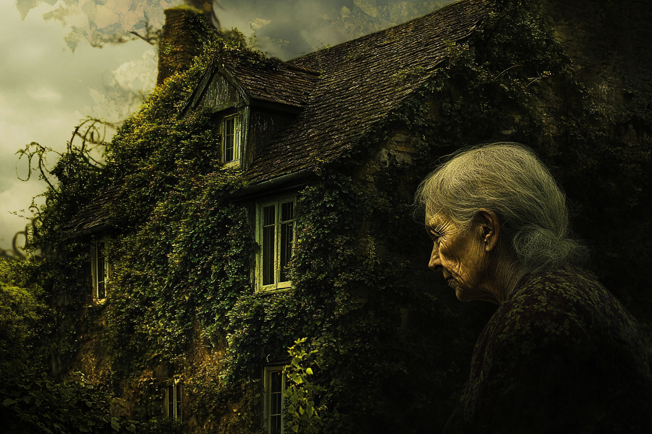 An old woman in front of an ivy-covered house | Source: Midjourney