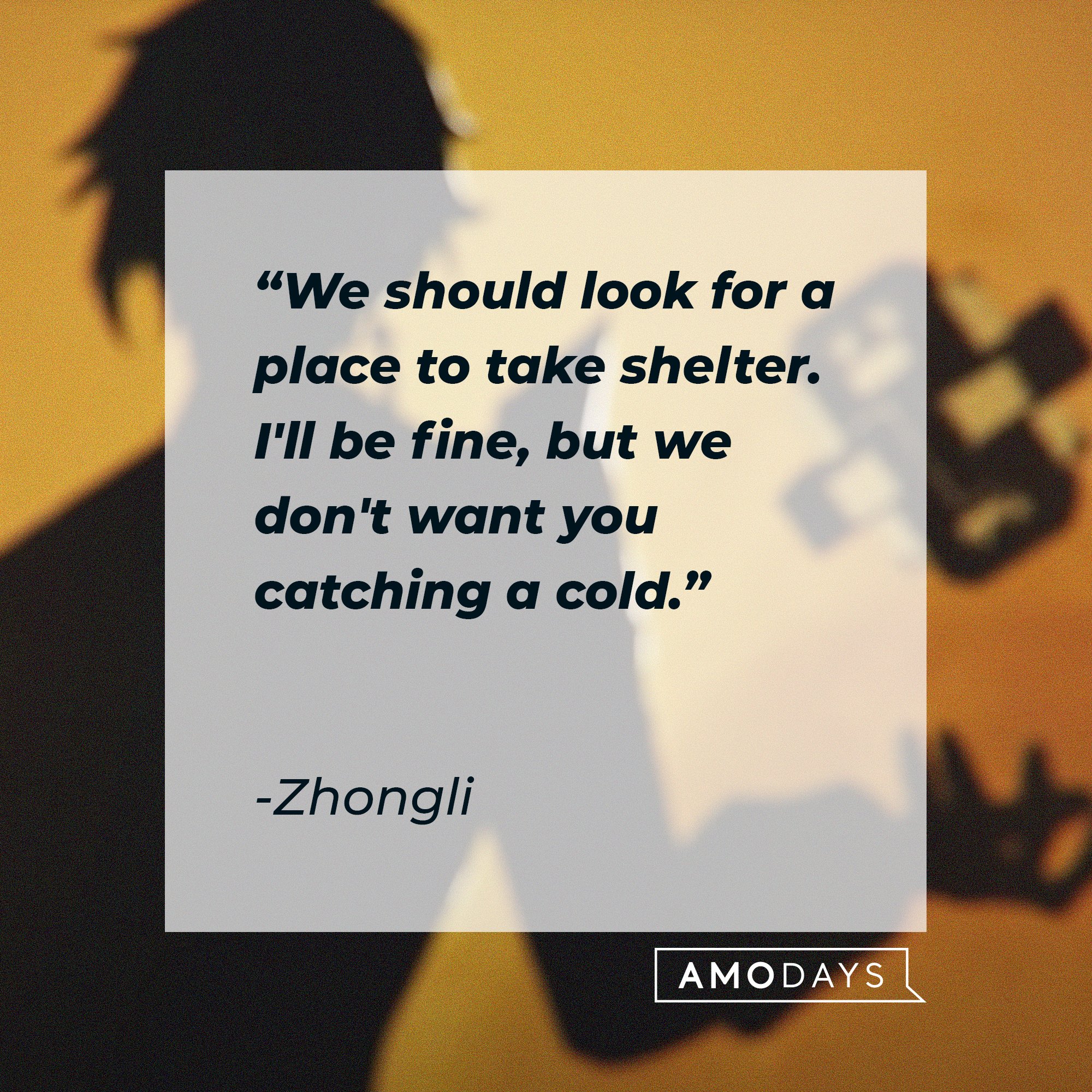 Zhongli’s quote: "We should look for a place to take shelter. I'll be fine, but we don't want you catching a cold." | Image: AmoDays
