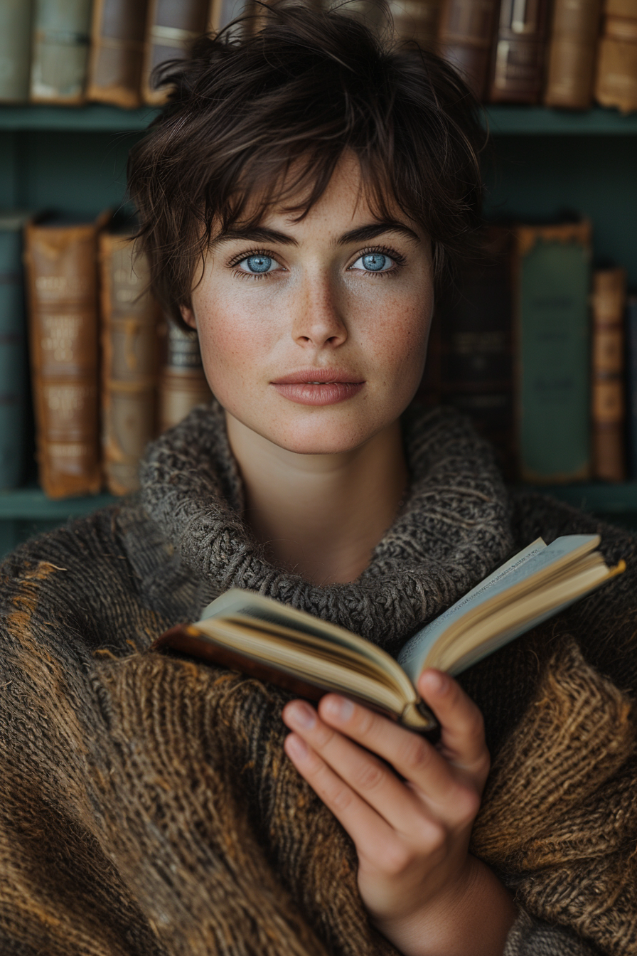 A woman posing with a book | Source: Midjourney