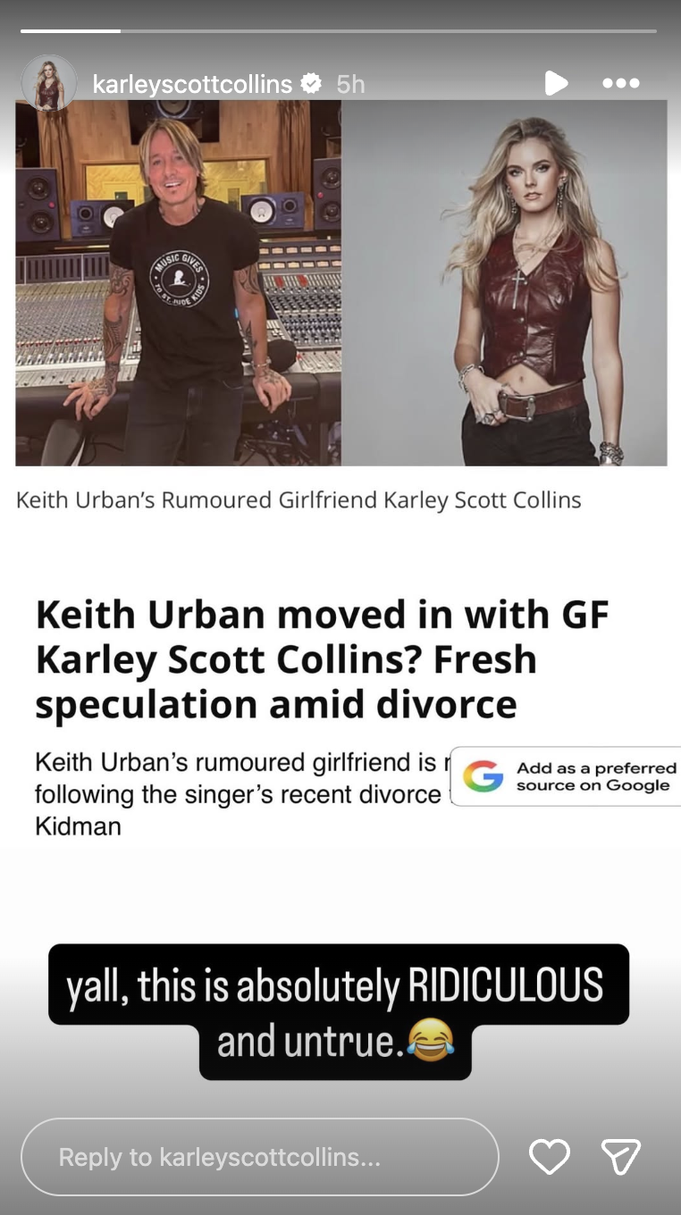 Karley Scott Collins denies rumors linking her to Keith Urban in a recent Instagram Story Source: Instagram/karleyscottcollins