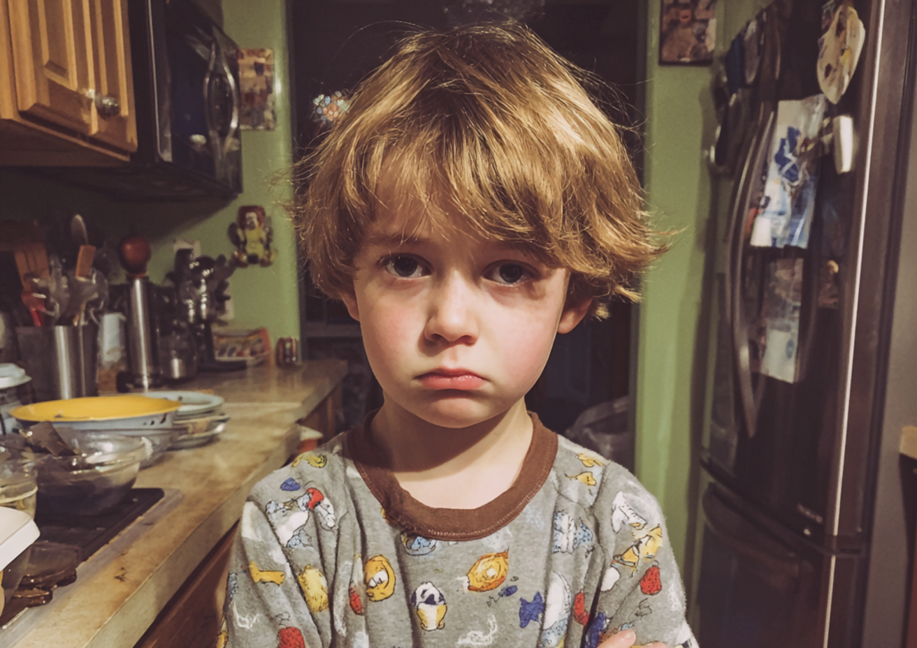 A gloomy little boy standing in a kitchen | Source: Midjourney