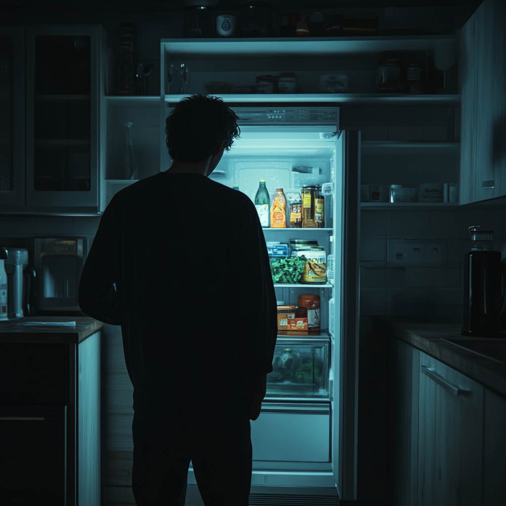 Man in front of his fridge | Source: Midjourney