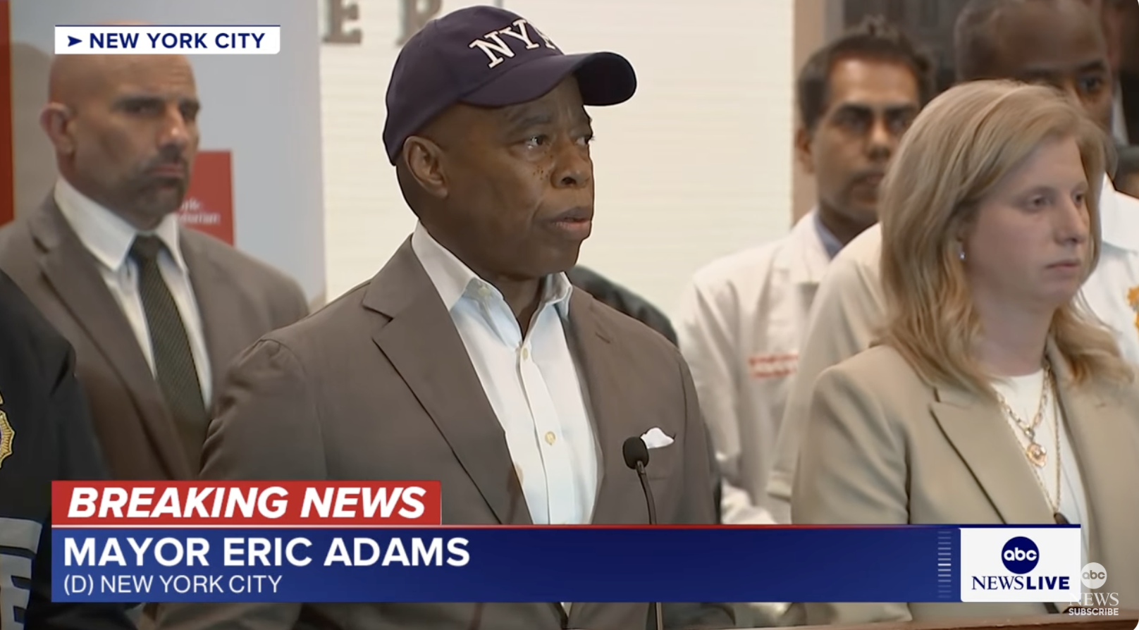 Mayor Eric Adams addressed a crowd of journalists following the mass shooting in Midtown Manhattan on July 28, 2025. | Source: YouTube/ABC News