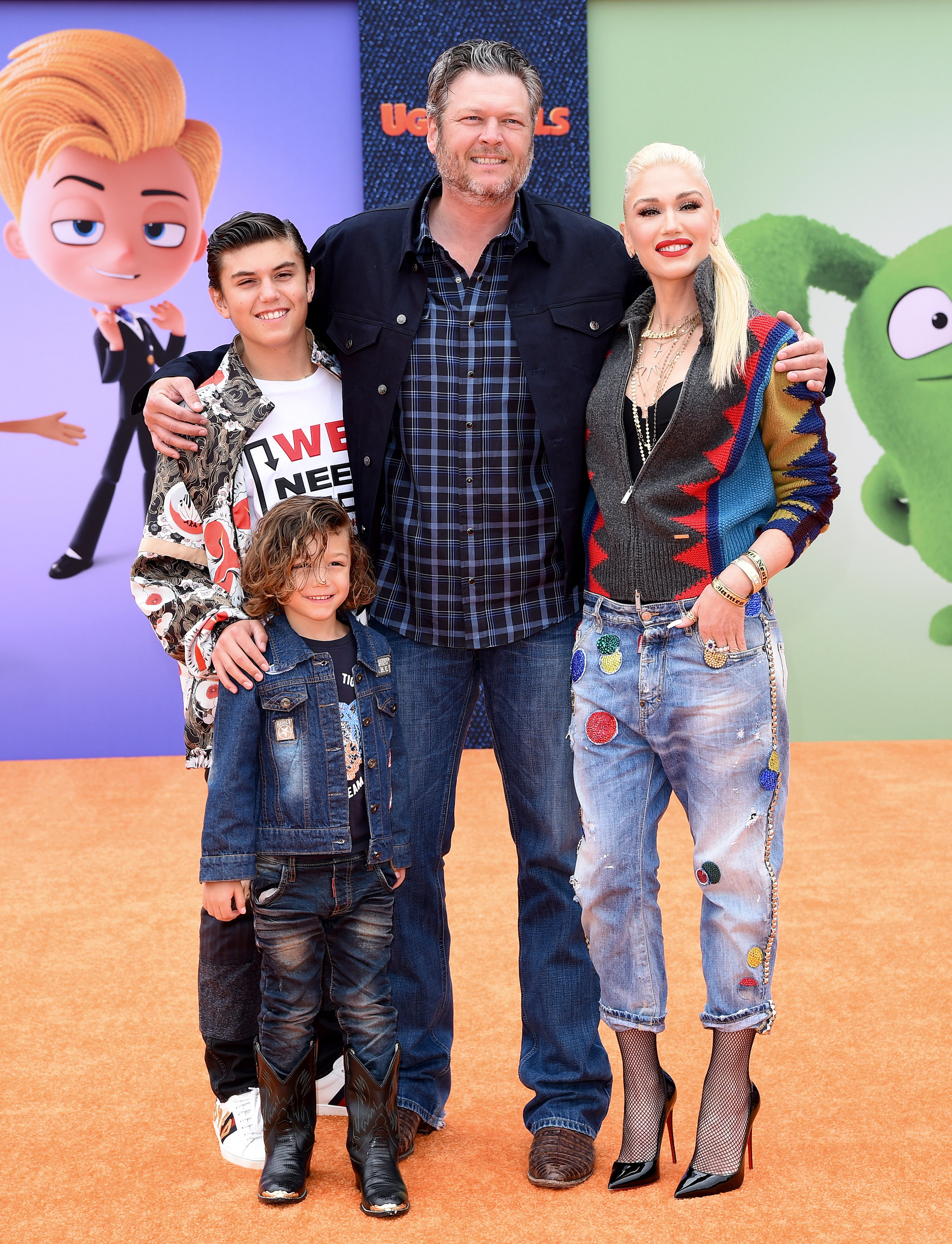 Blake Shelton and Gwen Stefani with her children, Kingston and Apollo Bowie Flynn Rossdale, at the world premiere of "UglyDolls" on April 27, 2019, in Los Angeles, California. | Source: Getty Images