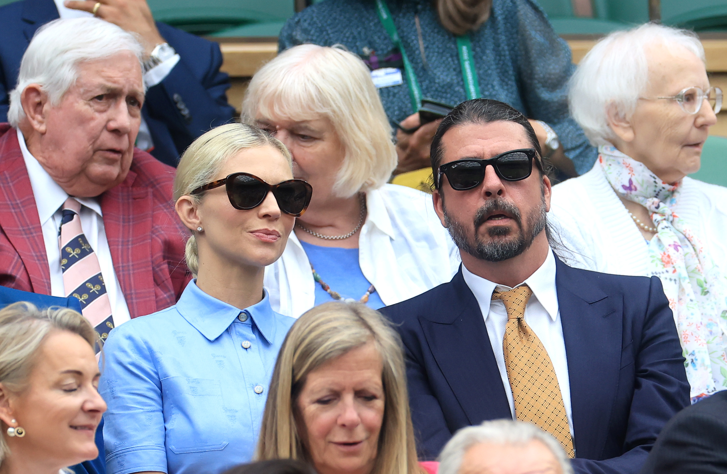 Dave Grohl, and his wife Jordyn Grohl are seen in the Royal Box at during day two of The Championships Wimbledon 2024 All England Lawn Tennis and Croquet Club on July 02, 2024, in London, England. | Source: Getty Images