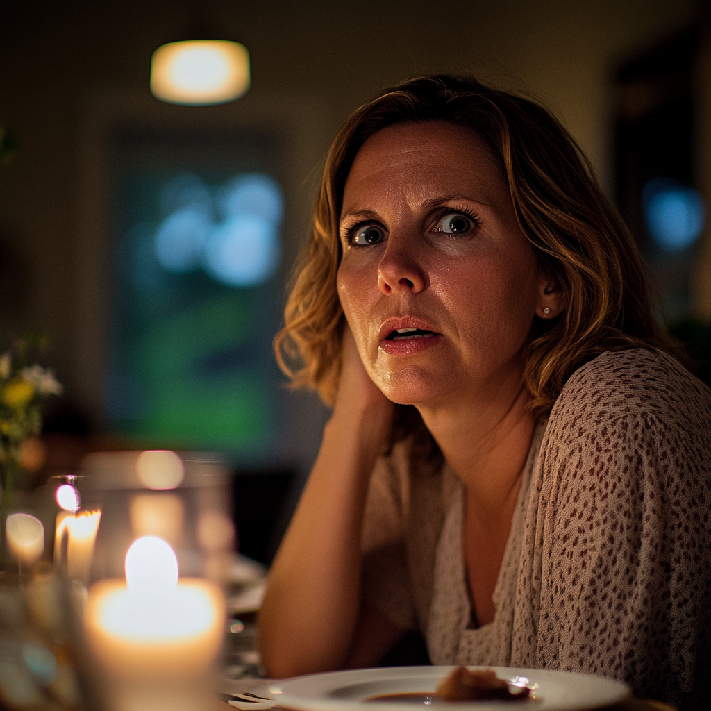 A surprised woman sitting at the dinner table | Source: Midjourney