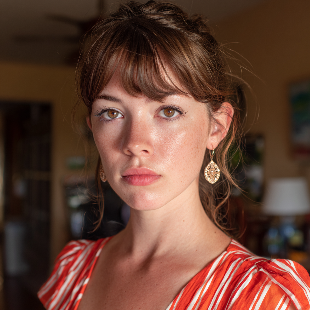 A pensive woman wearing a stripped dress | Source: Midjourney