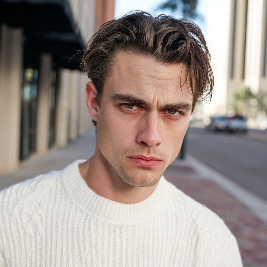 An angry and frowning man wearing a white sweater | Source: Midjourney