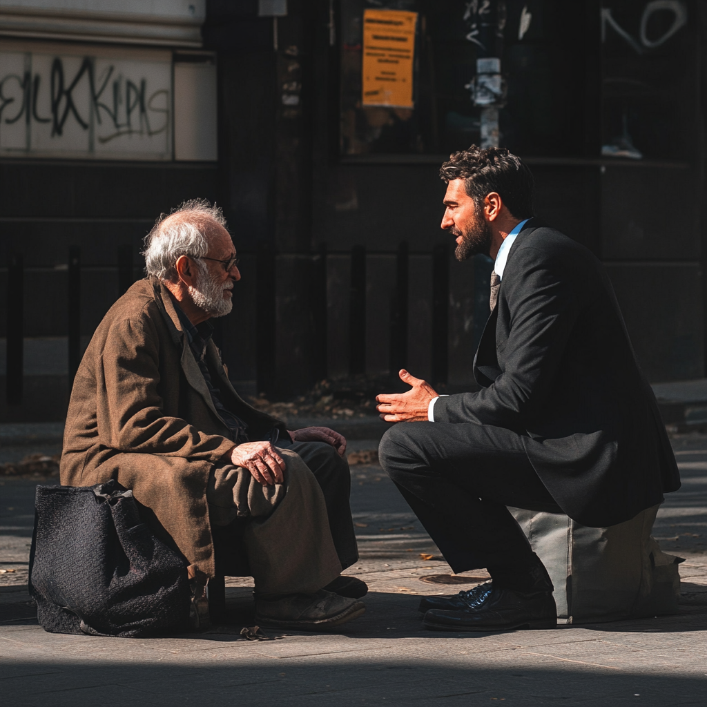 A succesful business man talking to a homeless man on the streets | Source: Midjourney