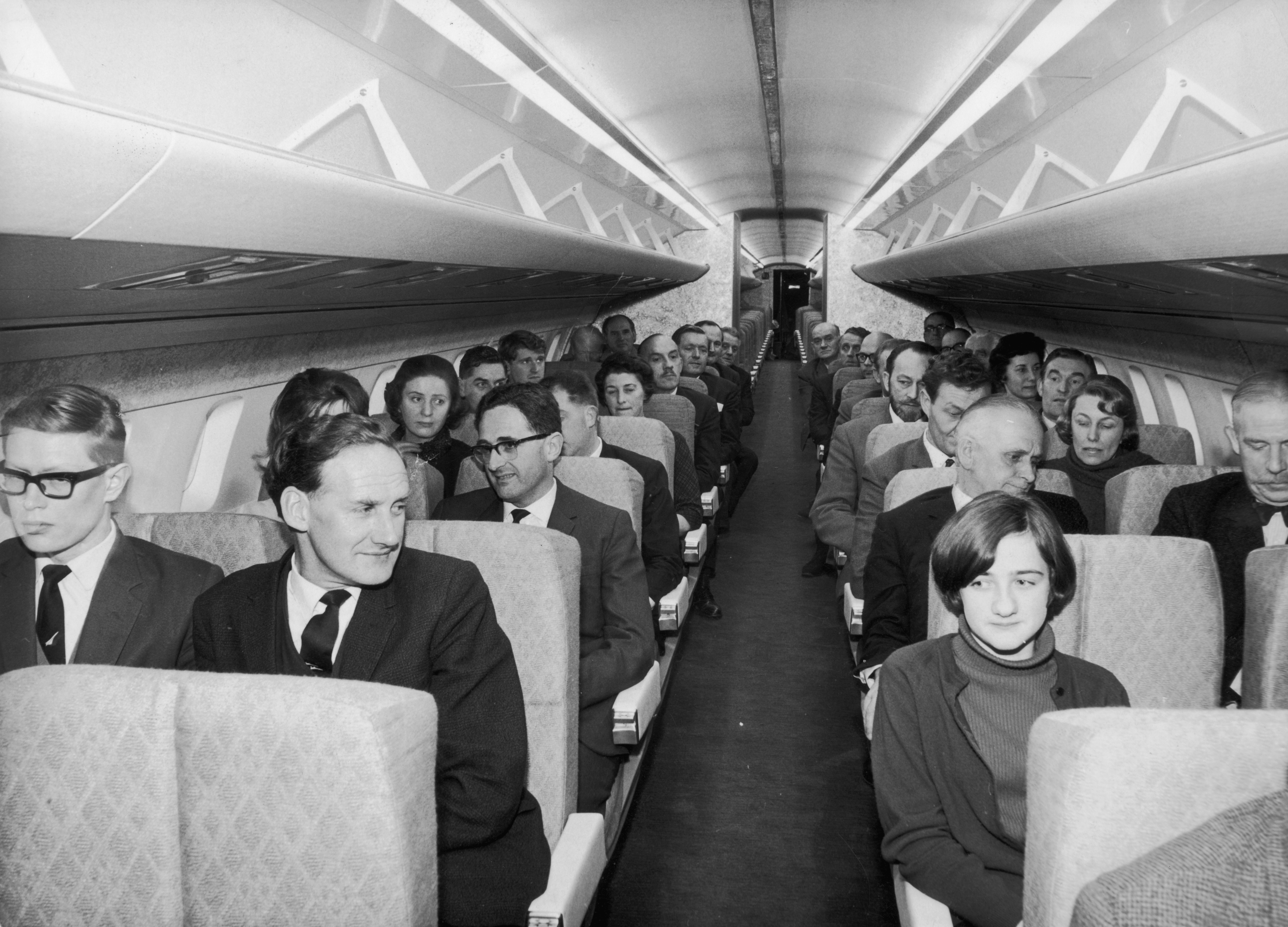 Passengers fill a full-scale model of the Concorde supersonic airliner at the British Aircraft Corporation factory at Filton, Bristol, 24th February 1967 | Source: Getty Images