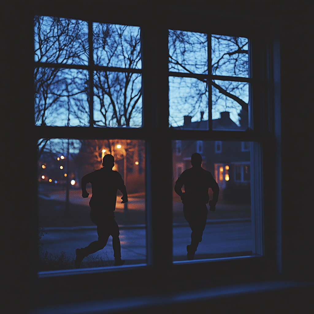 Silhouette of men running outside a building | Source: Midjourney