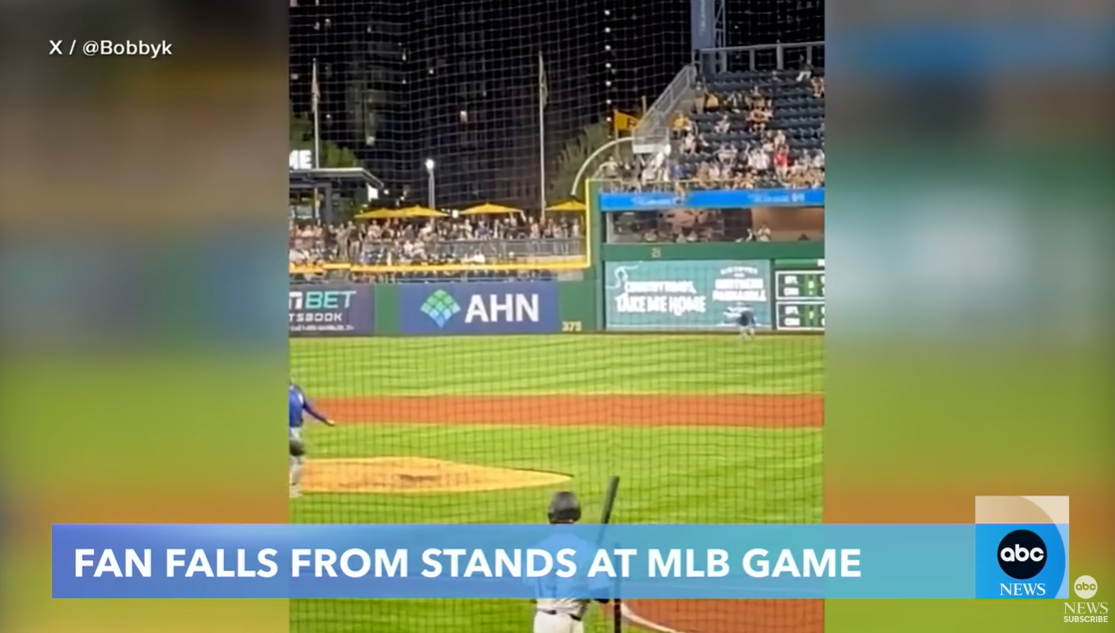 A view from behind home plate at PNC Park as play pauses after a fan reportedly fell from the stands during a Pirates-Cubs game, posted on May 1, 2025 | Source: YouTube/ABCNews