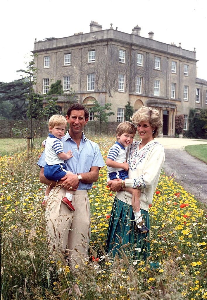 Le Prince et la Princesse de Galles avec le Prince William et le Prince Harry dans la prairie de fleurs sauvages de Highgrove achetée pour son usage par le Duché de Cornouailles | Source : Getty Images