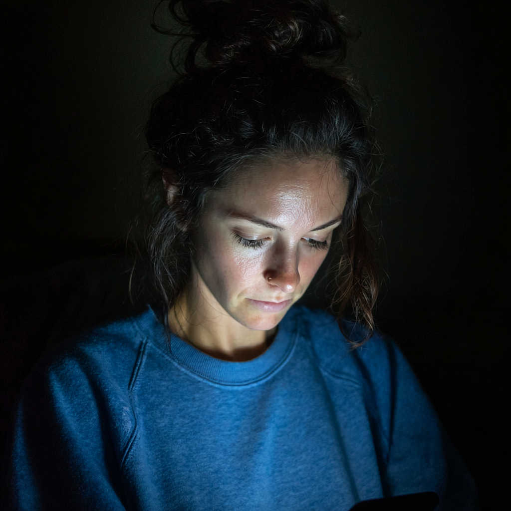 A woman using her cellphone at night | Source: Midjourney