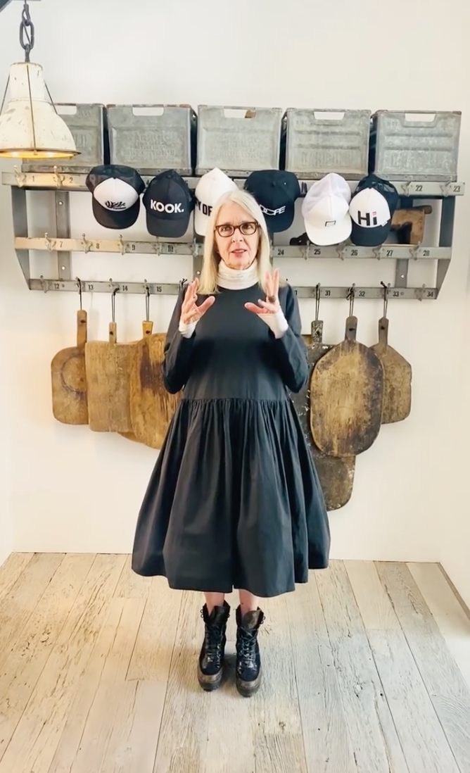 Diane Keaton pictured in front of a wall-mounted hat rack and vintage cutting boards inside her Sullivan Canyon home, dated July 7, 2020 | Source: Instagram/diane_keaton