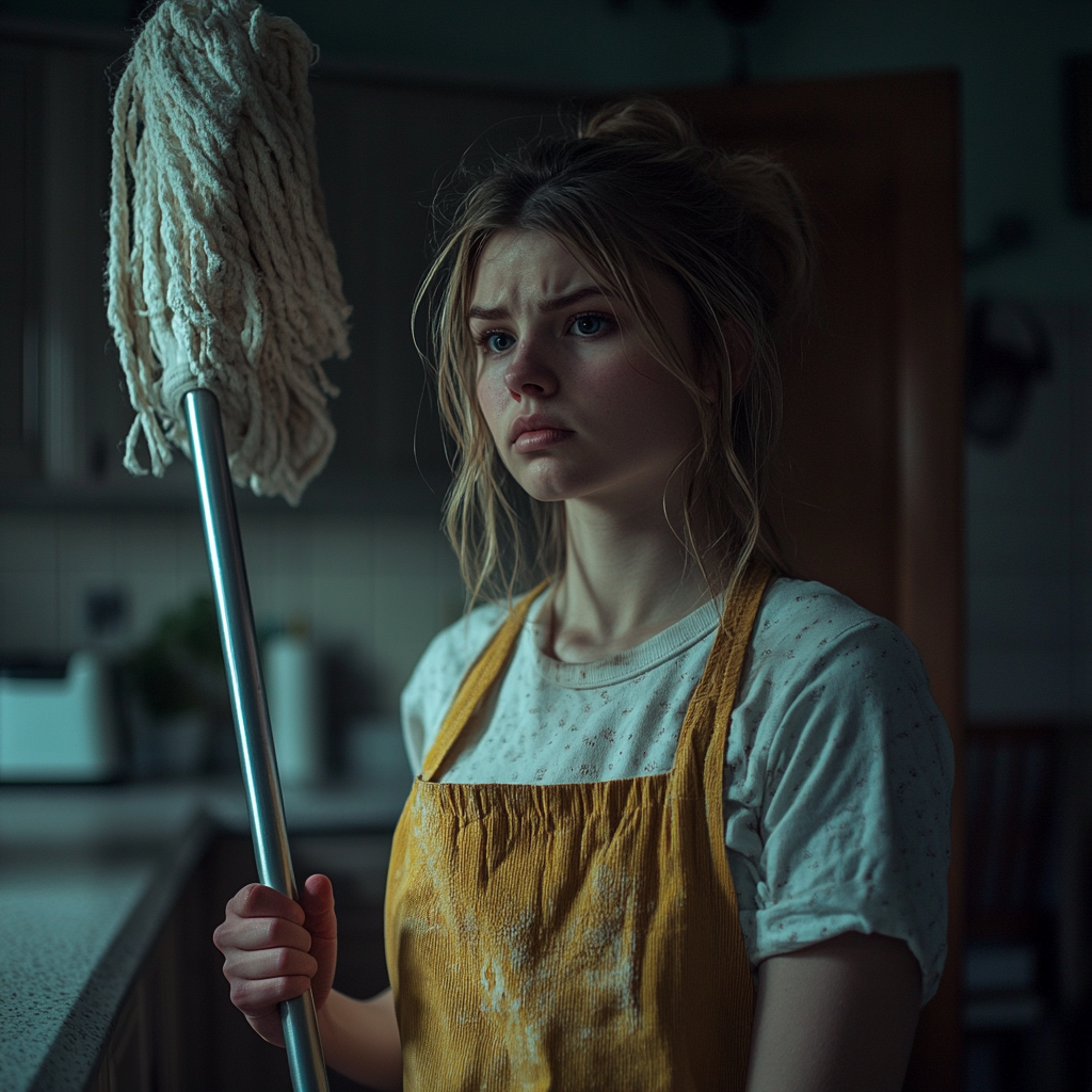 A young woman wearing an apron and holding a mop looks confused while standing in a kitchen | Source: Midjourney