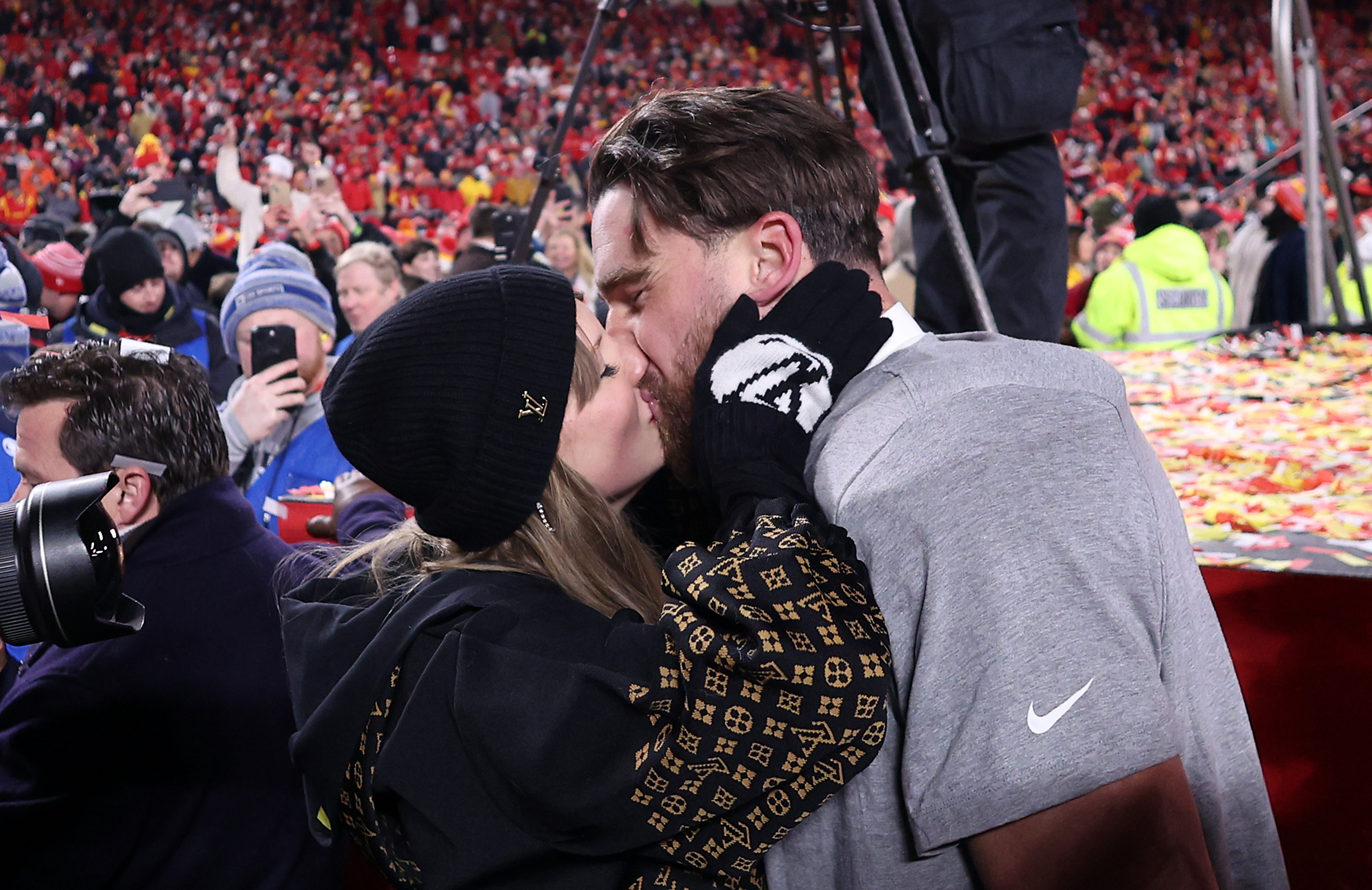 Taylor Swift kisses Travis Kelce after the Chiefs defeated the Buffalo Bills 32-29 to win the AFC Championship Game at GEHA Field at Arrowhead Stadium on January 26, 2025 in Kansas City, Missouri | Source: Getty Images