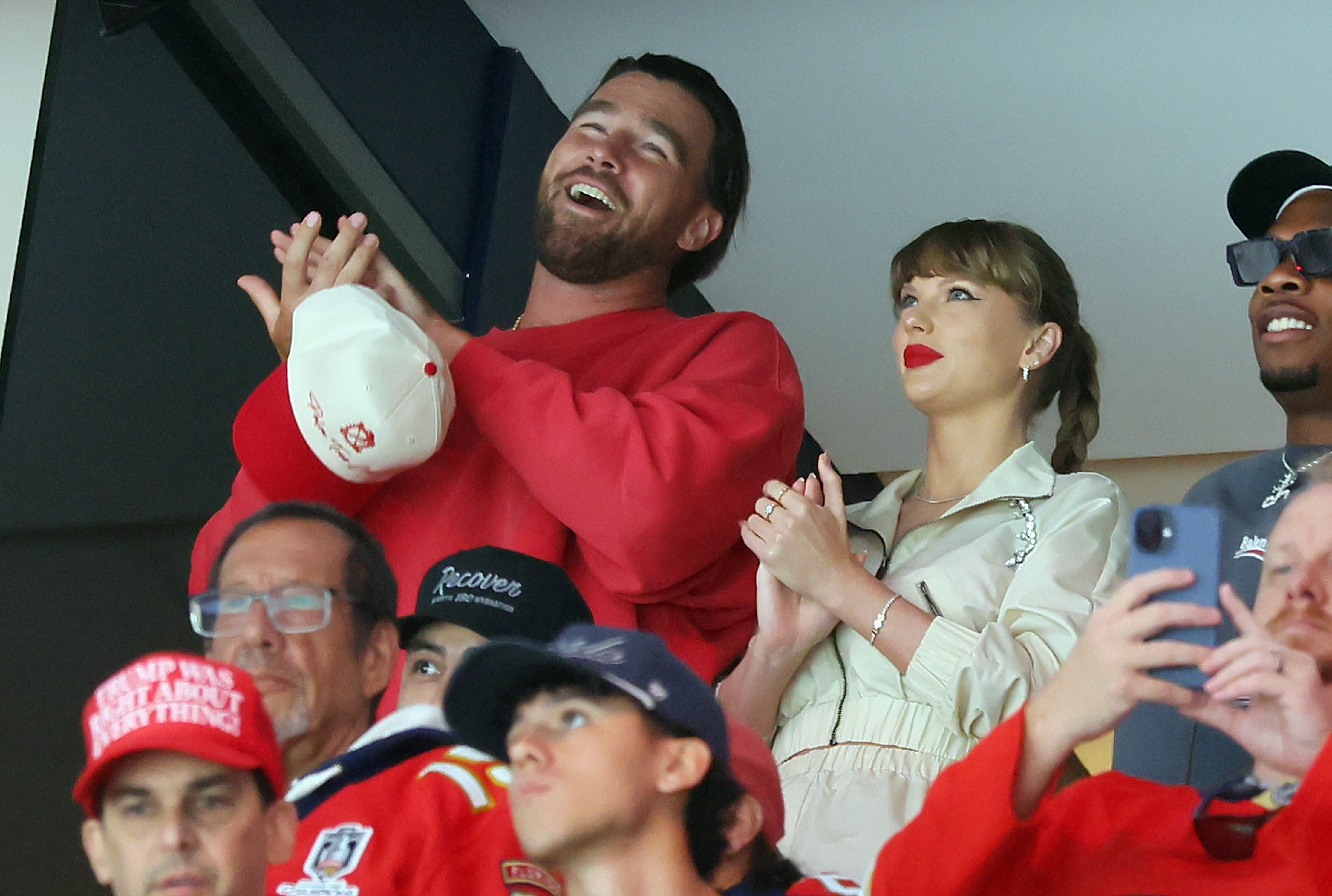 Travis Kelce and Taylor Swift during the first period in Game Four of the Stanley Cup Final on June 12, 2025, in Sunrise, Florida | Source: Getty Images