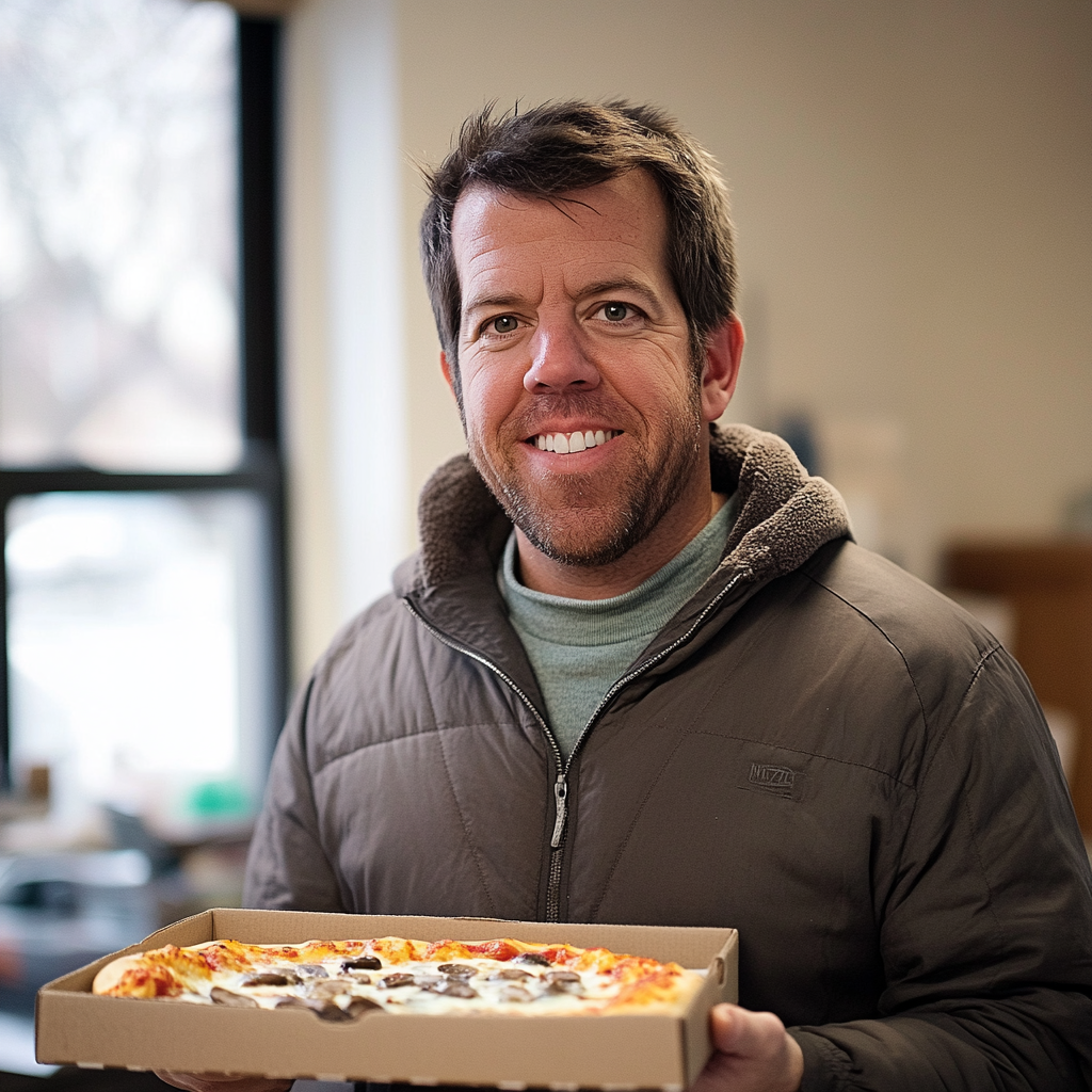 A man carrying pizza | Source: Midjourney