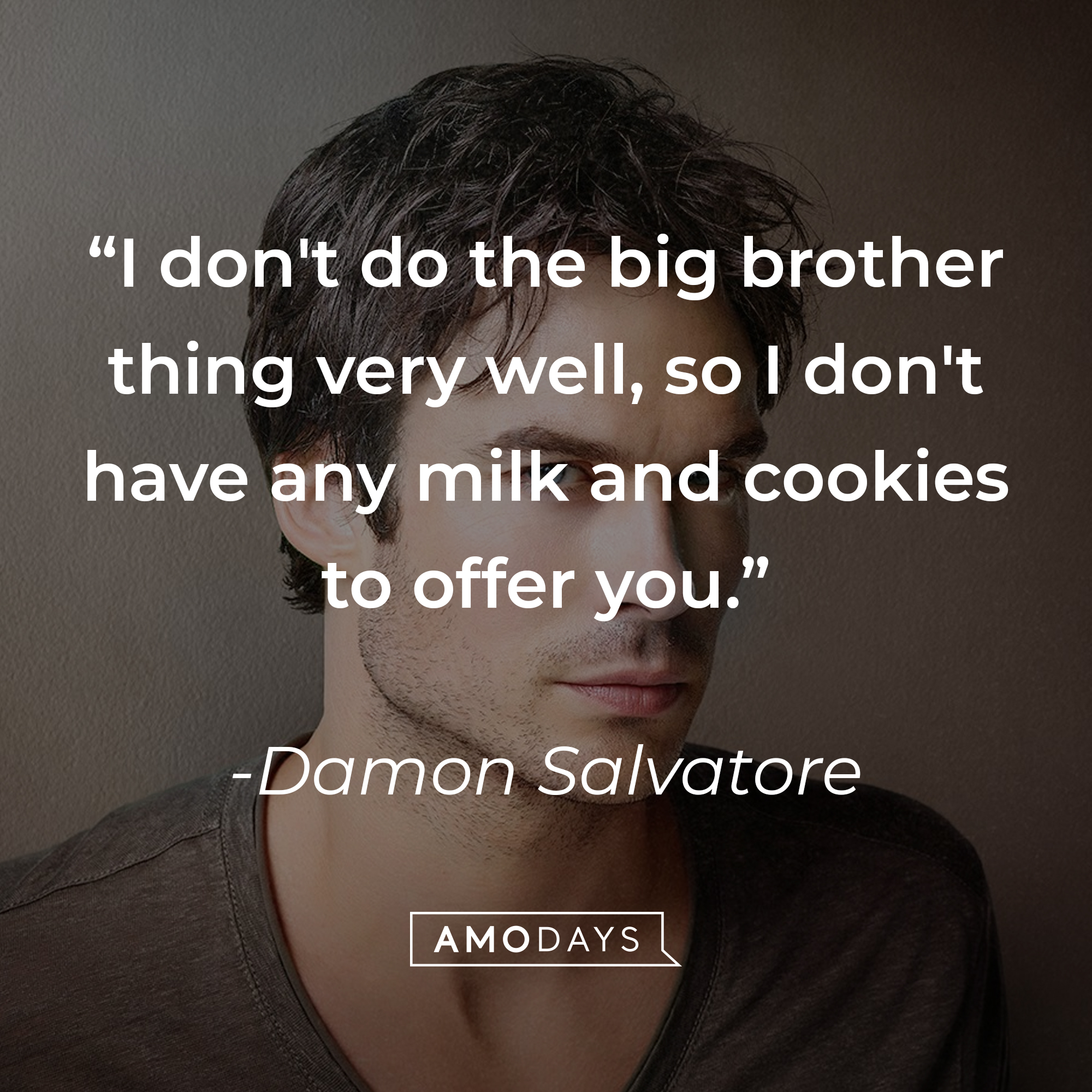 A photo of Damon Salvatore with the quote, "I don't do the big brother thing very well, so I don't have any milk and cookies to offer you." | Source: Facebook/thevampirediaries