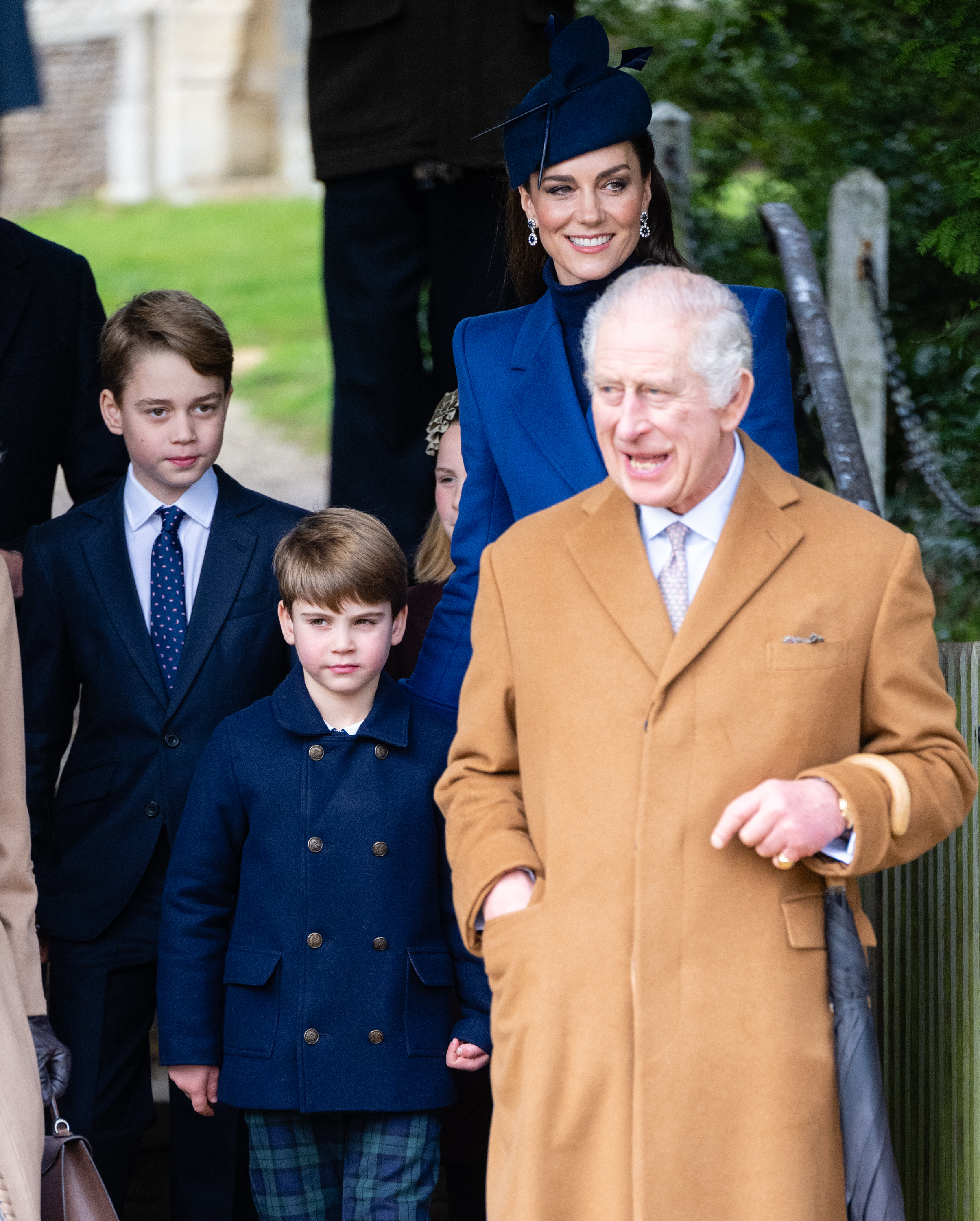 Prince George, Princess Catherine, and King Charles III at the Christmas Morning Service at Sandringham Church on December 25, 2023, in England. | Source: Getty Images