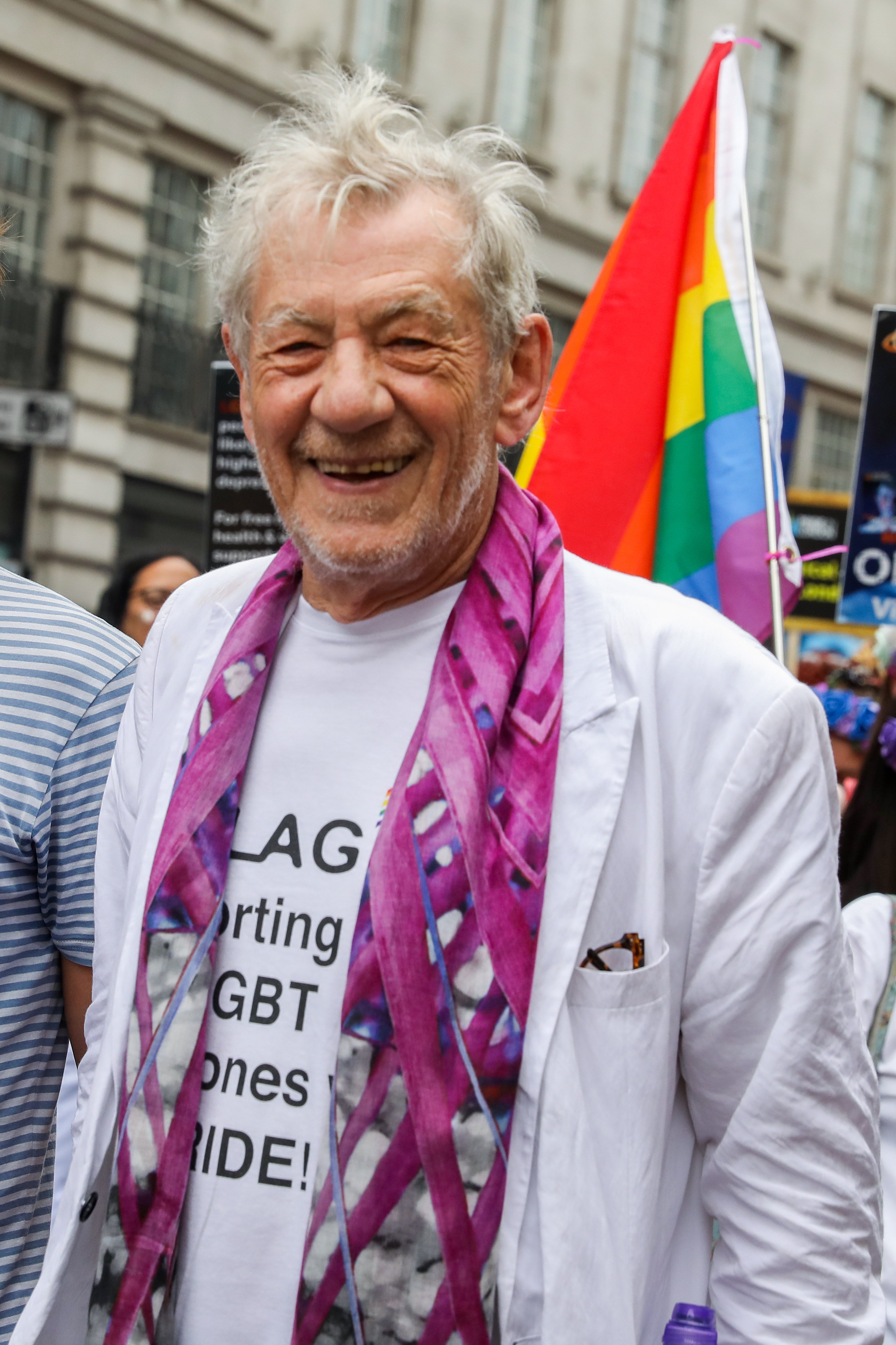 Ian McKellen walking through Piccadilly Circus during Pride in London 2019 on July 06, 2019 in London, England. | Source: Getty Images