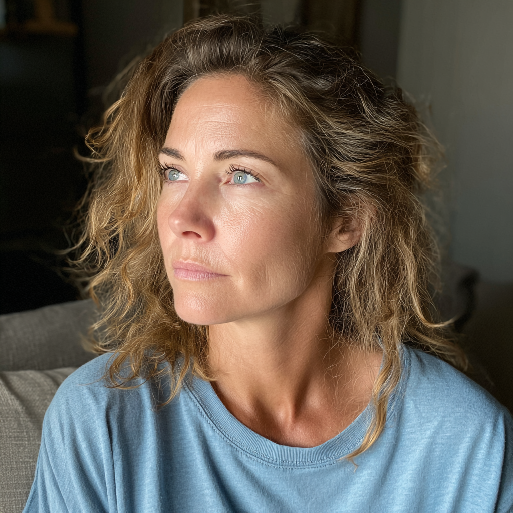 An emotional woman wearing a blue t-shirt | Source: Midjourney