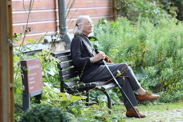Abuela sentada en una banca del jardín. | Foto: Pixabay