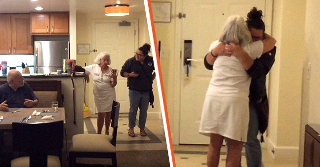 A granddaughter attempting to surprise her grandparents [left]; A granddaughter giving her grandmother a hug [right]. | Source: facebook.com/LightWorkersOfficial