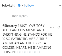 Screenshot of a fan comment to Toby Keith's post on November 4, 2019. | Source: Instagram/tobykeith