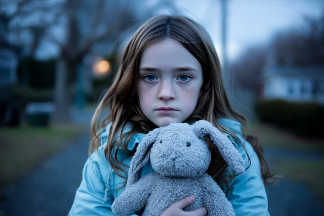A sad girl holding her stuffed rabbit | Source: Midjourney
