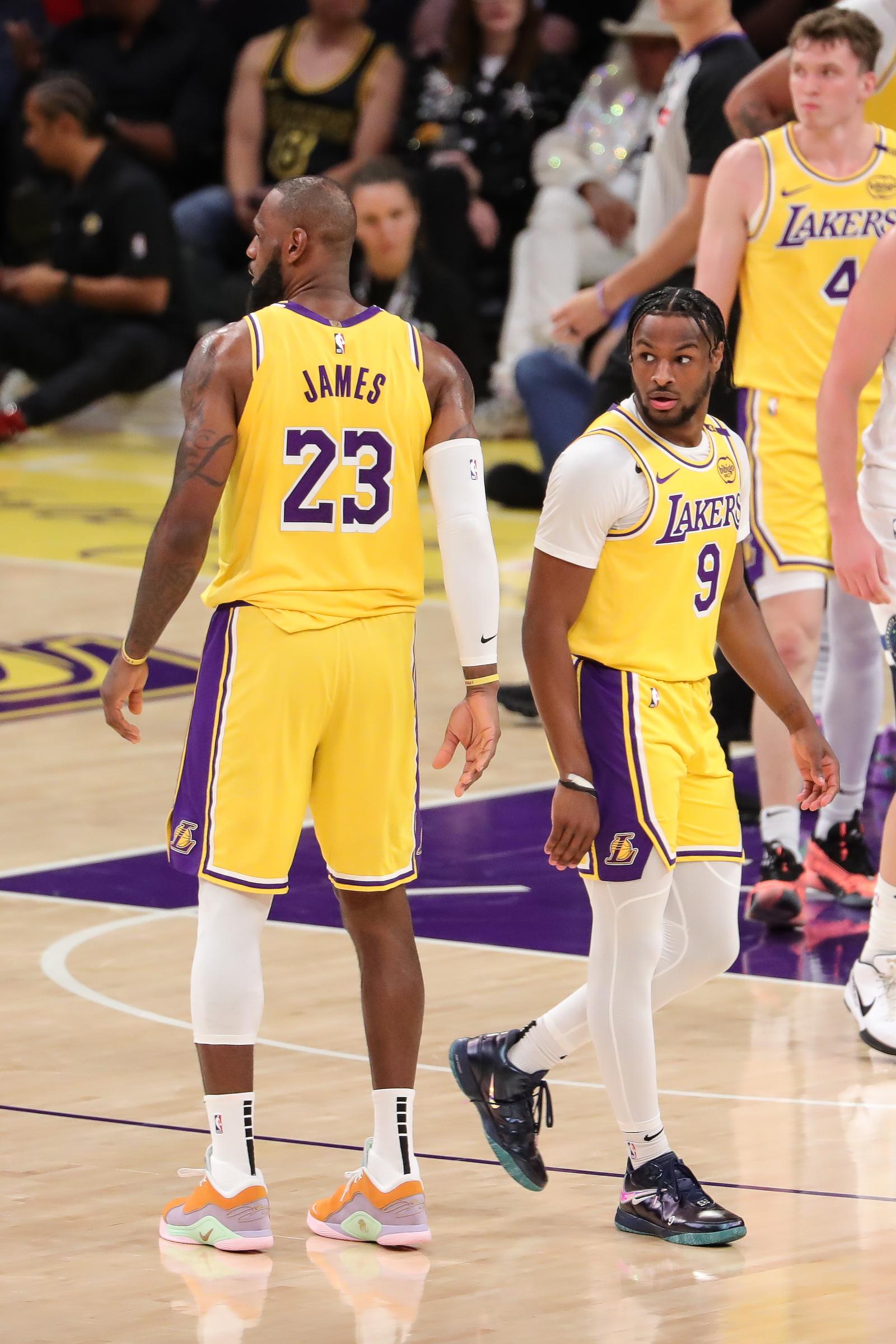 LeBron and Bronny James during the Minnesota Timberwolves vs Los Angeles Lakers game on October 22, 2024, at Crypto.com Arena in Los Angeles, California | Source: Getty Images