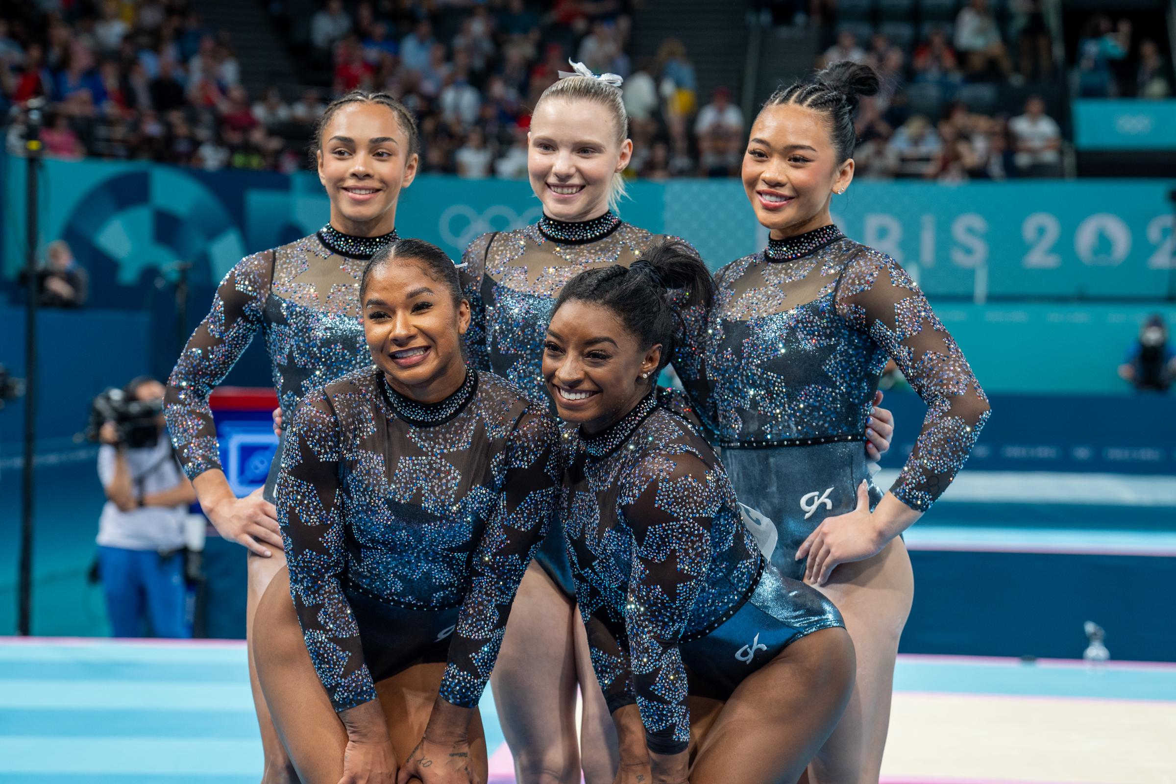 Team USA pose at the women's gymnastics during the Paris 2024 Olympic Games on July 28, 2024, in Paris, France. | Source: Getty Images