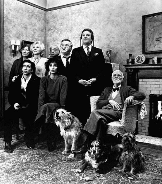 Nicolas Cage, Julie Bovasso, Olympia Dukakis, Vincent Gardenia, Danny Aiello and Cher sit in a living room during a scene from movie "Moonstruck," on December 16, 1987 | Source: NY Daily News Archive via Getty Images