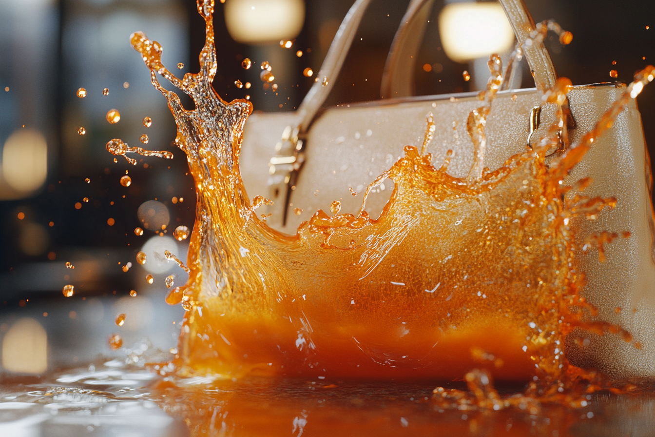 Carrot juice splashing on a shimmery designer bag | Source: Midjourney