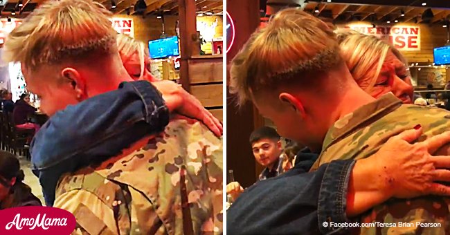 Heartbreaking moment mom bursts into tears when she sees military son is home for the holidays