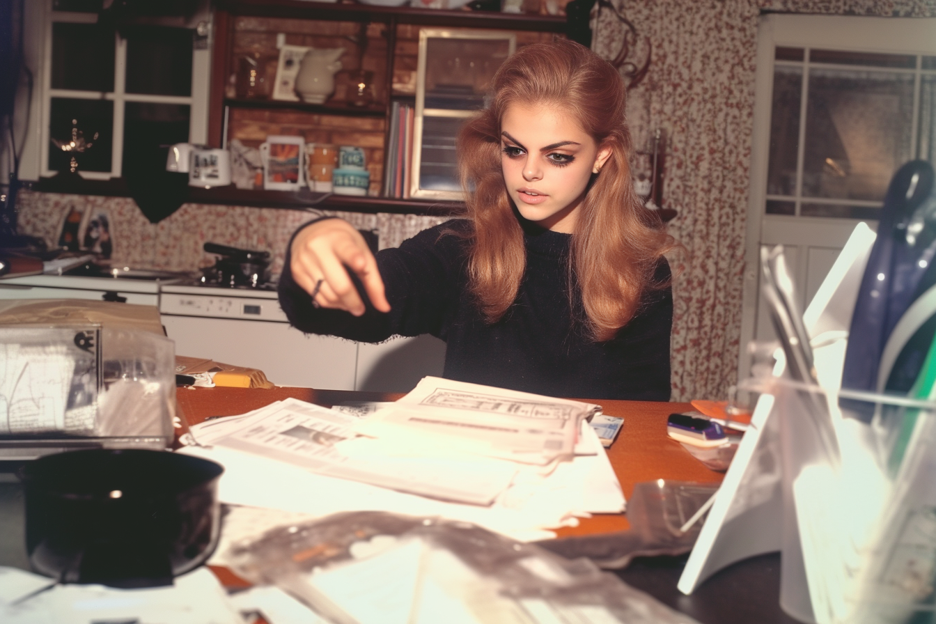 A woman pointing at documents on her table | Source: Midjourney